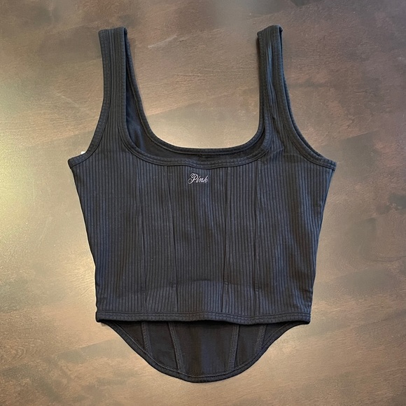 Victoria’s Secret Cinched Corset Ribbed Tank Top Iced Coffee & Black lot of 2 - Picture 6 of 12
